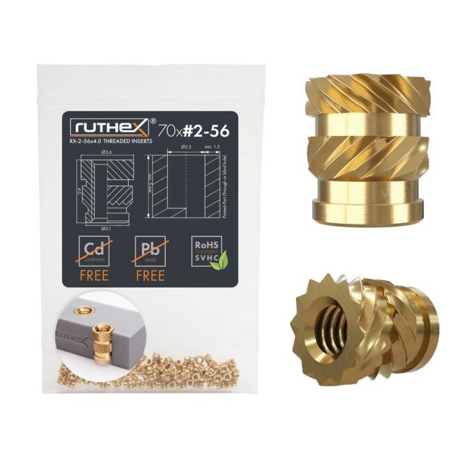ruthex #2-56 Gewindeeinsatz Zoll (UNC) - 70 Stück RX-2-56x4 Gewindebuchsen aus Messing