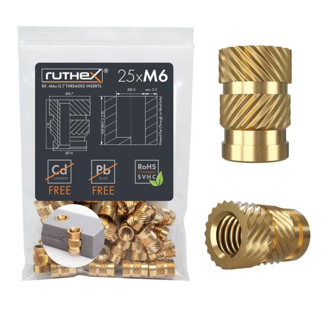 ruthex M6 Gewindeeinsatz - 25 Stück RX-M6x12.7 Gewindebuchsen aus Messing