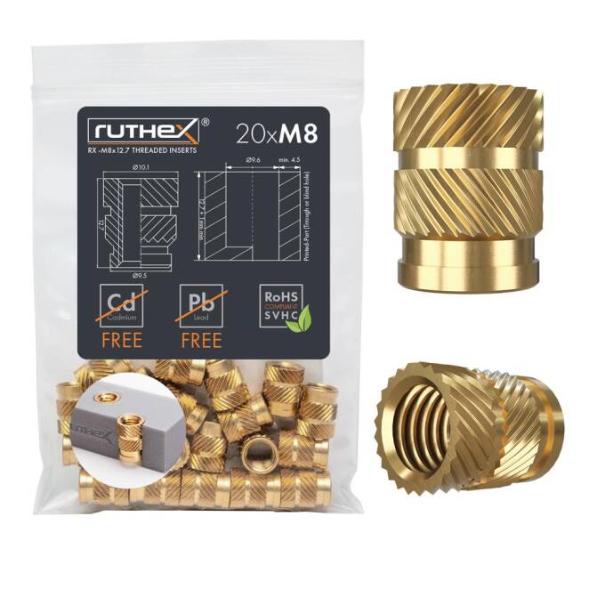 ruthex M8 Gewindeeinsatz - 20 Stück RX-M8x12.7 Gewindebuchsen aus Messing