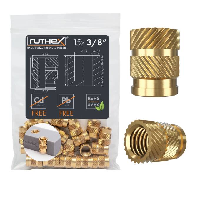 ruthex 3/8" Messing Gewindeeinsatz Zoll (UNC) Kameragewinde - 15 Stück RX-3/8"-16-x12.7