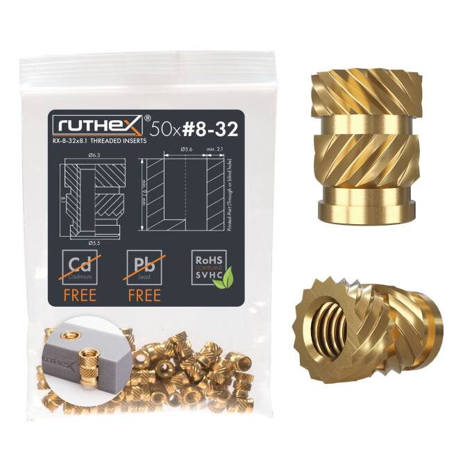 ruthex #8-32 Gewindeeinsatz Zoll (UNC) - 50 Stück RX-8-32x8.1 Gewindebuchsen aus Messing