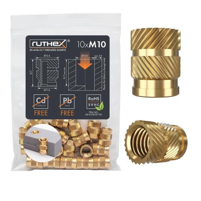 ruthex M10 Gewindeeinsatz 10 Stück RX-M10x12.7 Gewindebuchsen aus Messing