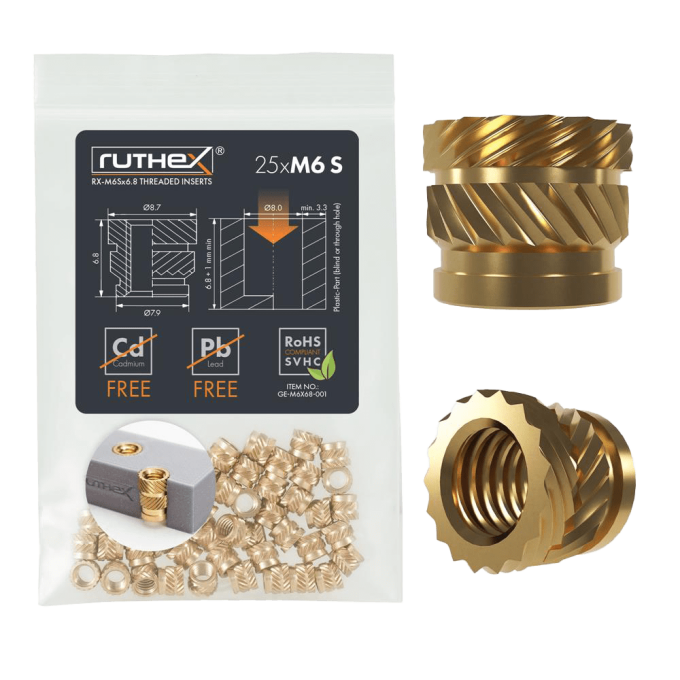 ruthex M6 SHORT Gewindeeinsatz 25 Stück RX-M6x6.8 Gewindebuchsen aus Messing